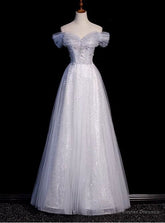 Elegant Gray Tulle Sequins Prom Dress